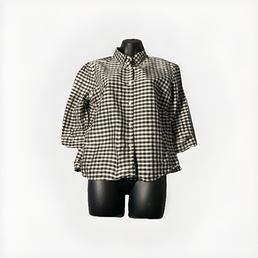 Talbots Pure Silk Shirt Gingham Plaid Short 3/4 Button Sleeve Womens 12